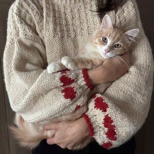 White Cable Knit Sweater w/ Red Diamond Trim | Cozy Chic